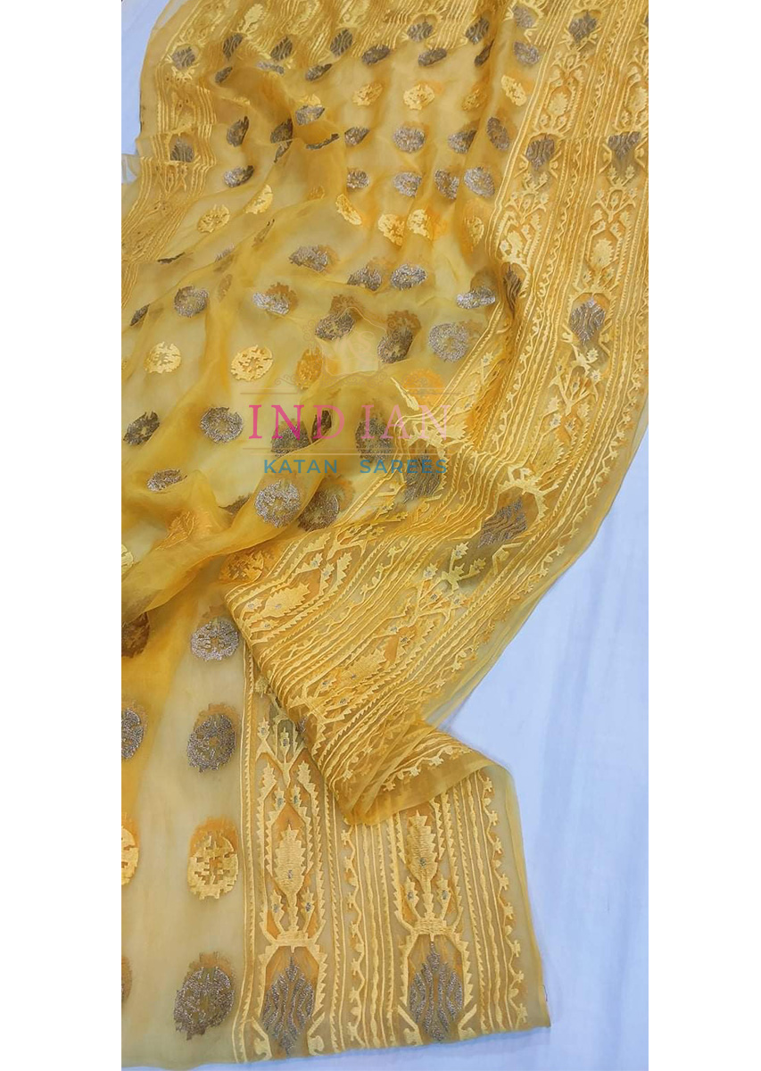 Yellow Saree In Pure muslin With Embroidered Jamdani Design-Tasnim ...