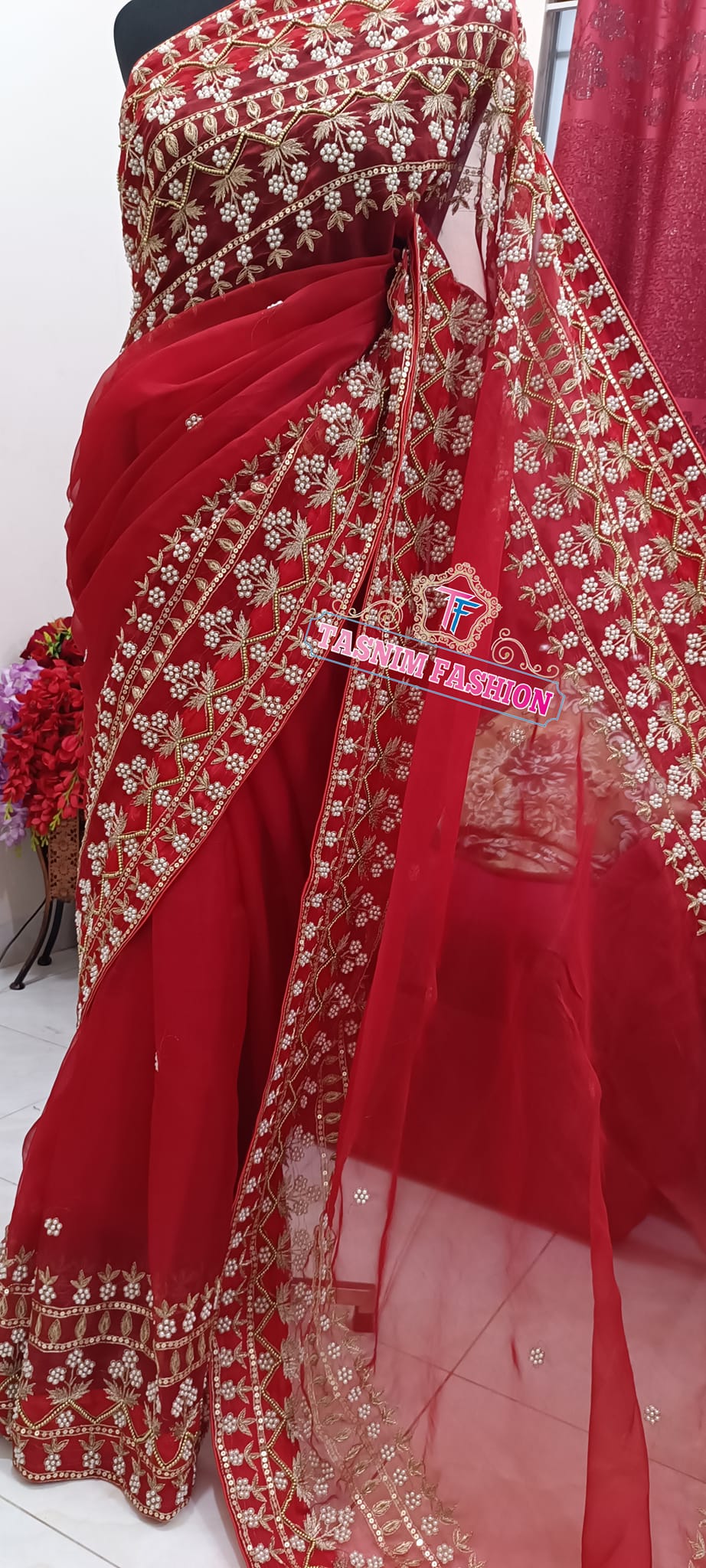 Sarees | Heavy Work Red Saree | Freeup